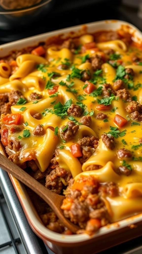 A delicious hamburger casserole with ground beef, pasta, and melted cheese, garnished with parsley.